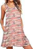 PrinStory Womens Summer Casual Dresses Beach Cover Up Loose Tank Dress with Pockets Print Camouflage Pink US Medium