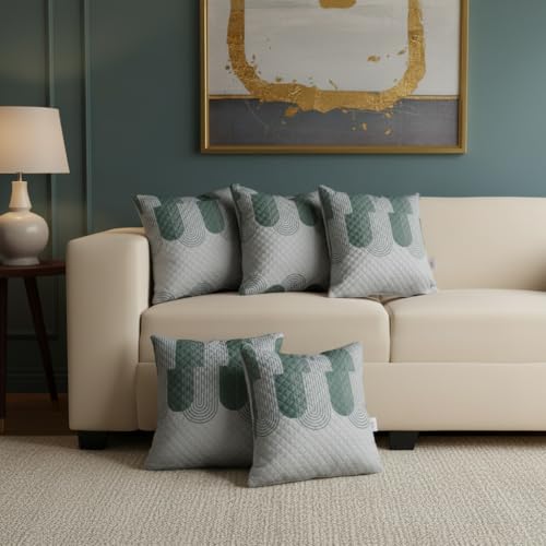 Image of STITCHNEST 'QuadraNest' Series Printed Quilted Velvet Cushion Cover 16x16 Inch Set of 5 | Premium Soft Fabric, Washable & Fade Resistant | Decorative Living Room Cushion Covers | Green & White Wave