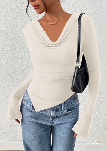 PRETTYGARDEN Womens Bell Long Sleeve Shirts Casual Cowl Neck Asymmetrical Slim Fit Crop Tops Y2K Going Out Fall Clothes4