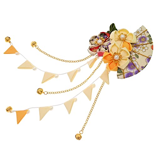 Pinza para el cabello japonés Kanzashi amarillo con adorno de flor y clip de banda Hanfu 2