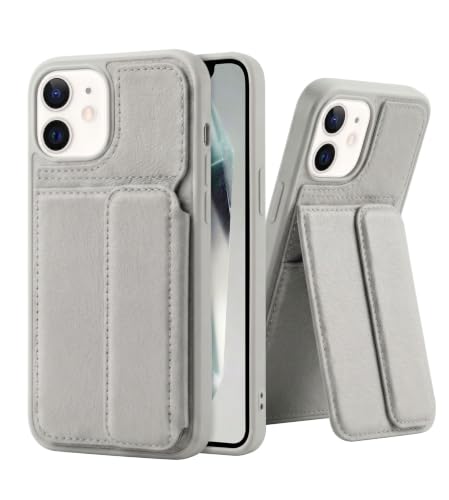 Image of amazon basics Luxury Vegan Leather Back Cover for iPhone 12 | Built-in Card Holder Slot | Integrated Mobile Stand | Slim Shockproof Protective Case with Stitched Finish - Gray