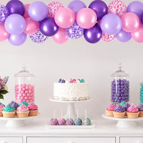 Image of Pink and Purple Balloons Different Size 12, 5inch for Balloon Arch Garland- 60Pcs Metallic Purple Pink Latex Balloon Confetti Ballon with Ribbon for Kpop Birthday Party Girls,Demon Hunter Decorations