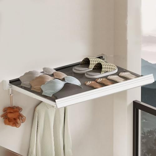 伸縮式ベランダラック 壁掛け式物干しラック 折りたたみ メッシュ物干し 浴室物干しネット バルコニー衣類乾燥ラック 高耐荷重 通気性 コンパクト収納 ベランダ/室内用 寝室・浴室・玄関, 長さ60 cm 幅40 cm