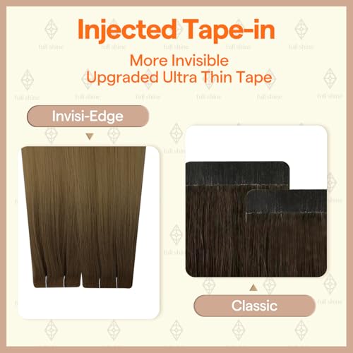 Image of Full Shine Tape in Hair Extensions Real Human Hair Ombre Color R3 Dark Brown to 8 Light Brown Virgin Human Hair Extensions Double Sided Tape in Extensions 10Gram 5Pcs 14Inch for Thin Hair