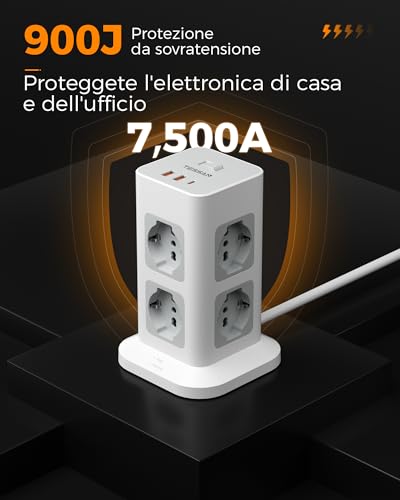 Ciabatta Multipresa con USB 20W, Ciabatta Elettrica con 8 Prese IT 16A, Torretta Multipresa Protezione Sovratensione con Interruttore e Prolunga Elettrica 2 Metri, 3680W Presa, Girgio - Hub USB - Immagine 3
