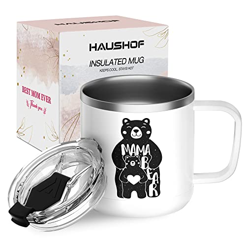 HAUSHOF Insulated Coffee Mug with Lid, 14 oz with Handle for Best Mom, Birthday Christmas Gifts, White Bear White Mom Bear 14oz