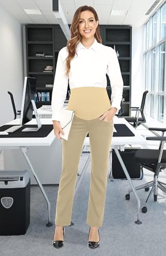 Image of PACBREEZE Women's Maternity Pants for Work Over-Bump Pregnancy Casual Stretchy Straight Dress Pants with Pockets