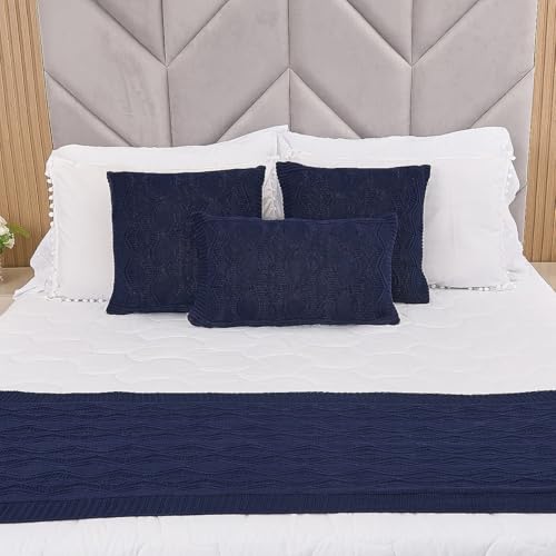Kit Peseira Tricot Cama Casal King Aran + 3 Capas Almofadas (Azul Marinho)