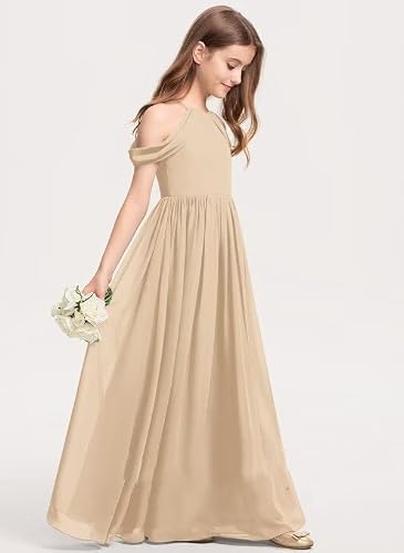 Kismissal Off-Shoulder Junior Bridesmaid Dresses Long Chiffon Flower Girl Dress For Teen Girls Party Pageant Gowns Halter (As1, Numeric, Numeric_12, Regular, Champagne) #TOP2