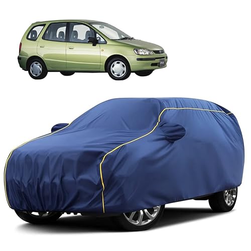 Image of Sulfar 100% Water Resistant Car Body Cover Compatible with Mirror for Toyota Spacio (Triple Stitched, Full Bottom Elastic, Blue Taffeta with Yellow Piping)