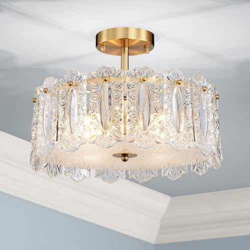 SM Saint Mossi plafonnier en verre de cristal, plafonnier moderne semi-encastré, D14,6 x H9,5, culot E14, 4 lumières, finition cuivre