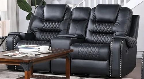 Image of Torque - Mikkel Leatherette 2 Seater Manual Recliner with Cup Holder Console- Black | 2 Seater Loveseat Recliner Chair | Two-Seater Recliners Sofa for Living Room 1 Year Warranty