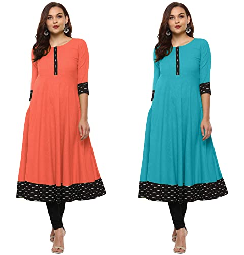 Image of NATEK Plain Cotton Regular Wear Anarkali Kurtis Dresses for Ladies Girls - Combo Pack of 2