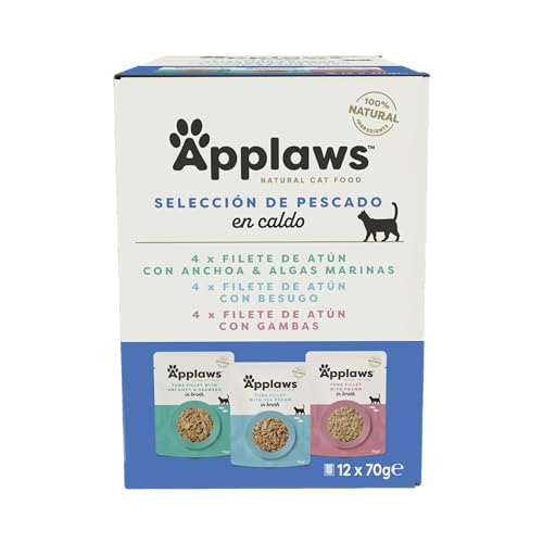 Applaws Comida Húmeda para Gatos 100% Natural Multipack de Selección de Pescado en Caldo para Gatos Adultos - 12 Sobres de 70g