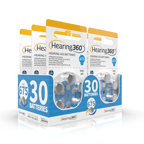 Hearing360 batterie per apparecchi acustici PR44 misura 675, pile senza mercurio extra durata e affidabilità (5 blister blu, 30 pile)