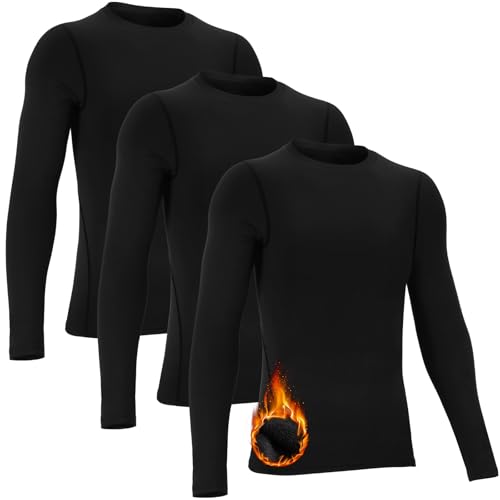 Suhine 3 Pcs 5-14Y Youth Boys Thermal Compression Shirts Fleece Athletic Baselayer Long Sleeve Soccer Baseball Undershirt