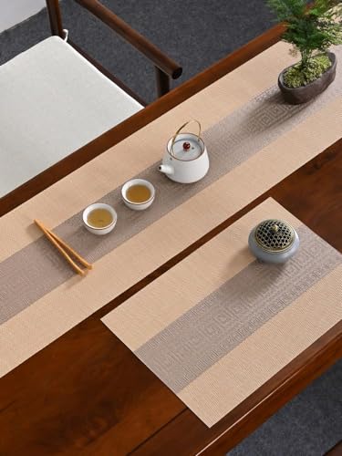 Image of YELONA Placemats and Table Runner Set - Heat Resistant, Non-Slip & Washable PVC Vinyl Dining Table Mats - Almond Beige (4 Placemats: 45x30 cm, 1 Runner: 180x30 cm)