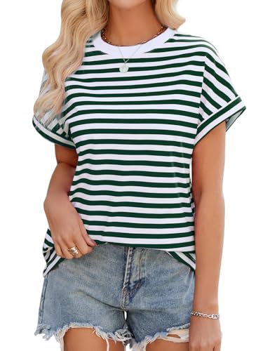 Xnova Camisetas Mujer Manga Corta Verano Camiseta Rayas Oversized Tops con Cuello Redondo Talla Grande Tshirt Basicas Casual Blusas Elegantes, Verde y Blanco, S