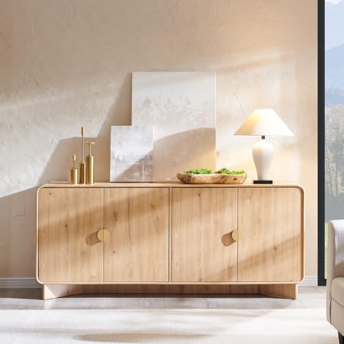IFGET Modern Buffet Cabinet with Storage, 70" Large Sideboard Buffet Storage Cabinet with 4 Doors and Adjustable Shleves, Wooden Curved Coffee Bar for Dining Room, Kitchen, Living Room, Natural Oak