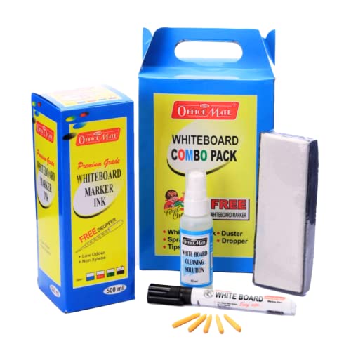 Image of Soni Officemate Whiteboard Marker Kit (Black) | 500ml Ink + Marker + Duster + 50ml Cleaning Solution + 5 Nibs | Bold, Quick-Dry Ink | for School, Office & Home
