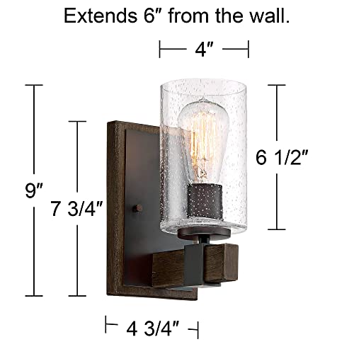 Image of Franklin Iron Works Poetry Industrial Farmhouse Rustic Wall Light Sconce Bronze Wood Grain Hardwired 4 3 /4 inch Fixture Clear Seedy Glass Shade for Cottage Core Bedroom Bedside Bathroom Vanity
