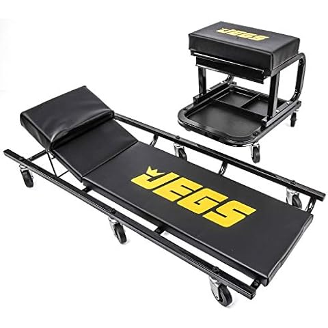 JEGS Creeper and Mechanic Seat Set | Memory Foam Padding | Black Logo | 350 LBS Capacity | 2 ½” Caster Wheels Cover