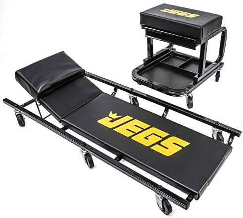 JEGS Creeper and Mechanic Seat Set | Memory Foam Padding | Black Logo | 350 LBS Capacity | 2 ½” Caster Wheels