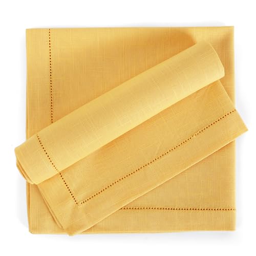 Image of FINGERCRAFT Hemstitched Cotton Table Napkins - Set of 6, 20x20 Inch, 100% Cotton Cloth Napkins with Faggoting Stitching - Durable & Elegant for Parties, Everyday Use (Yellow Slub)