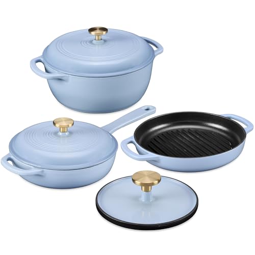 Best Choice Products Non-Stick Pot & Pan Cookware Set, Cast Iron, 2Qt Skillet W/Lid, 10' Grill Or Griddle Pan W/Press, 6Qt Enameled Dutch Oven, Non-toxic, For Cooking & Grilling - Cornflower