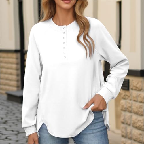 Women's Snap Button Up Sweatshirt Long Sleeve Tunic Henley Tops Loose Slit Casual Pullover Fall Winter Outfits4