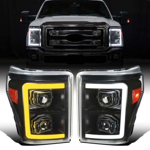 Ronnin - Fits 2011-2016 Ford F250 F350 F450 F550 Super Duty Dual Projector Headlights LED Switchback Sequential Turn Signals + Animated Startup Effect Assembly Pair | Black