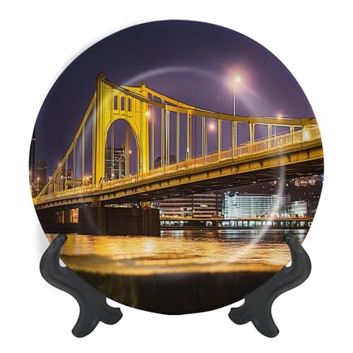 Decorative Plates for Display Pittsburgh skyline view by night Gift Plates Ceramic Collections Plates Hanging Artwork for Living Dining Room Kitchen Souvenir