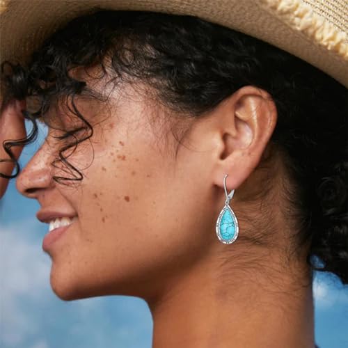 Genuine Turquoise Dangle Teardrop leverback Earrings, Sterling Silver Vintage Native American Western Jewelry Earrings Birthday3
