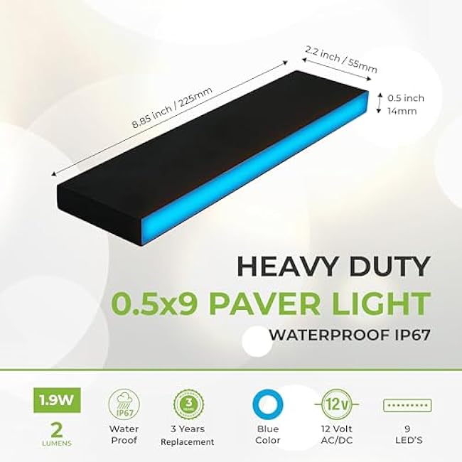 LUMENGY Blue Paver Light Slim 0.5x9 Inch Glare-Free Brick Lighting for Pavers, Walls, Driveway, Pathway & Garden, 12V Waterproof, Drive-Over Rated