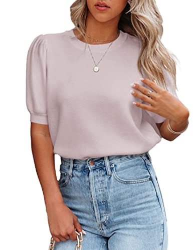 Image of Womens Puff Short Sleeve Sweater Tops Crewneck Basic Knit Pullover Lightweight Casual Sweaters