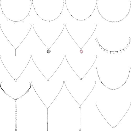 16 Pieces Layered Choker Necklace Adjustable Pendant Necklace Moon Sequins Choker Multilayer Chain Necklace Set for Women Girls (Silver)