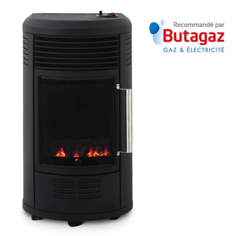 FAVEX - Chauffage d'appoint à gaz Volga - Prêt à l'emploi livré avec tuyau et détendeur - Infrableu effet feu de cheminée - 6 puissances de chauffe Thermostat - Jusqu'à 40 m² - Noir