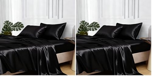 Image of MR&HM Satin Bed Sheets, Queen Size Sheets Set, 4 Pcs Silky Bedding Set with Elastic Corner Straps and 15 Inches Deep Pocket for Mattress (Queen, Black) (Pack of 2)