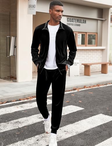 LecGee Mens 2 Piece Outfits Full Zip Velvet Long Sleeve Tracksuit Velour Casual Jogging Zipper Sweatsuit Set4