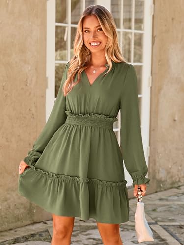 BerryGo Womens Long Sleeve Mini Dress Casual Ruffle Fashion V Neck High Waist A Line Flowy Boho Short Fall Dresses3