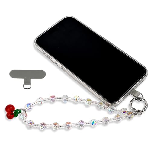 Prdingfy Cherry Phone Bracelet Strap,Firm Metal Wires Beaded Phone Chain Wristlet with Tether Tab Cute Cell Phone Charm for Women,Gift,Camera,Wallet,Bag(white)