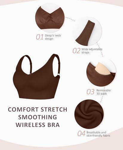FeelinGirl Everyday Bras for Women Wireless Seamless Underwear with U Back Design Comfortable V Neck Bras with Removable Pads for Women Dark Brown S
