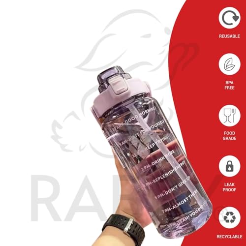 Image of RABBY 2L Motivational Water Bottle for Kids & School Use | Time Marker, BPA-Free, Leakproof Straw Lid, Carry Strap | Plastic Water Bottle for Travel, Sports, Gym, Office (Purple 1Pcs)