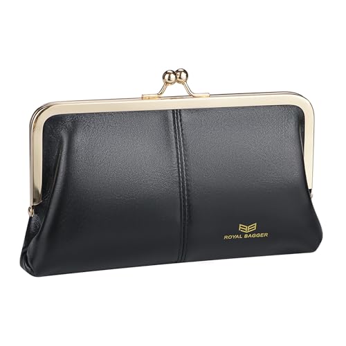 Image of Royal Bagger RFID Kiss Lock Wallet, Solid Color Multi-card Slots Card Holder, Genuine Cow Leather Clutch Purses for Women 1468 (Black (2468))