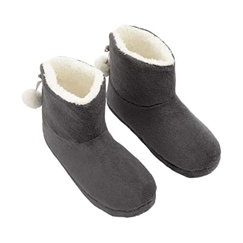 OHS Womens Faux Suede Ankle Boot Sherpa Slippers Rubber Sole Nightwear Ladies Soft Warm Slip On Pom Pom Cover