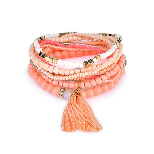 LUREME Bohemian Beads Pearl Tassel Multi Strand Textured Stackable Bangle Bracelet Set-Orange(bl003054-6)