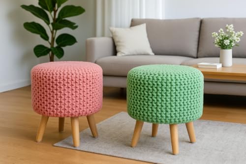 Image of Ottoman Foot Rest Puffy, Cotton Dori Ottoman for Home Decor, Solid Wood Legs Dressing Stool, Footstool Puffy for Living Room & Office Room | 16x17 Inch, Set of 2, Dori Baby Pink-Light Green