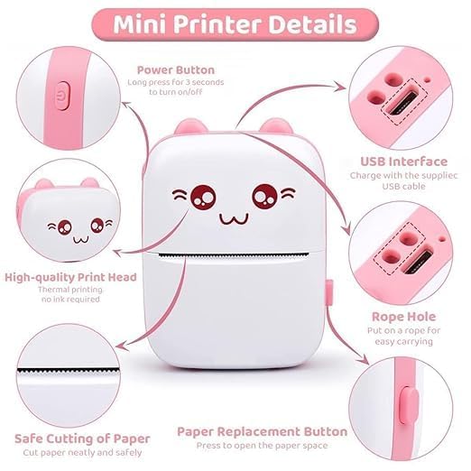 Mini Bluetooth Thermal Printer | Portable Inkless Sticker Printer | Black on White Thermal Printer with Print Paper & Stickers | Mini Colour... - Image 2
