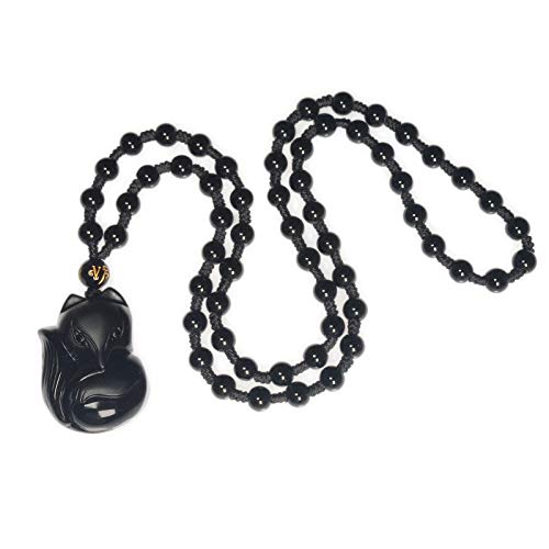 Flauli Collier tendance avec pendentif amulette en obsidienne sculptée en forme de renard - Léger et élégant - Pour homme et femme - Noir Cover