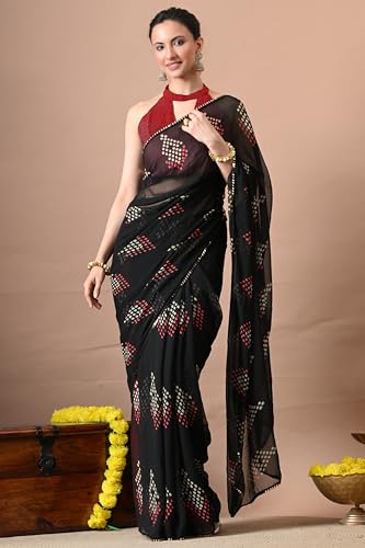 Image of MIRCHI FASHION Women Sari Georgette Chevron Printed | Modern Pattern Farewell and Festive Drape with Matching Blouse Piece